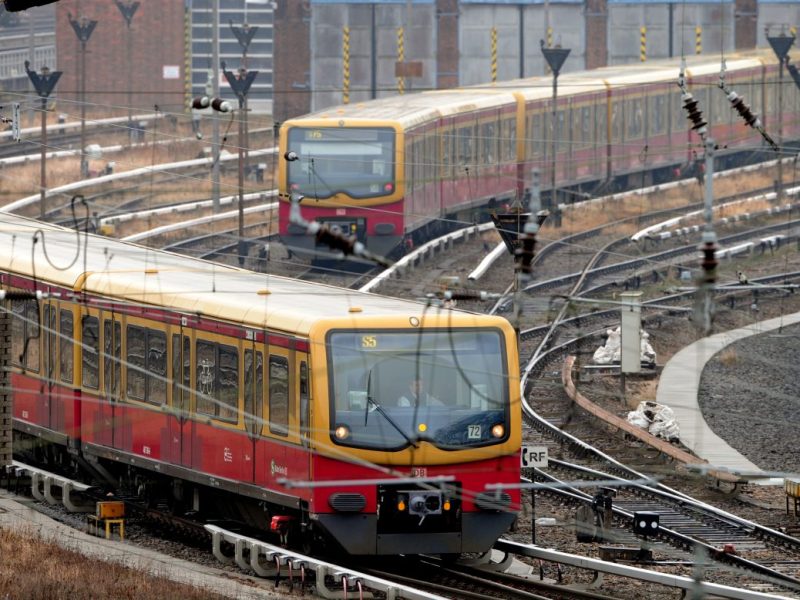 Eine S-Bahn der Linie 75 steht auf den Gleisen der S-Bahn Berlin.