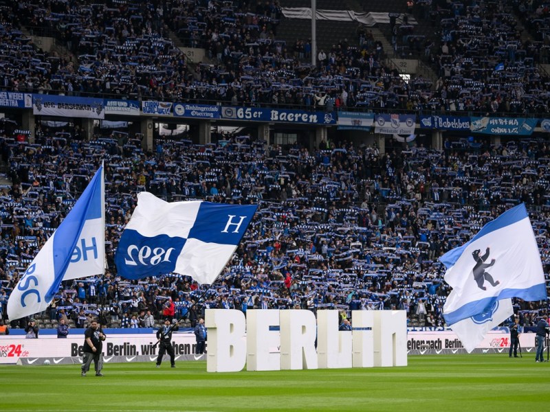 Fans von Hertha BSC schwenken Fahnen vor einem Heimspiel.
